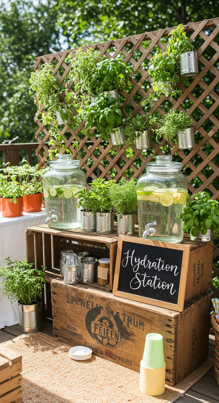 Hydration station with drink dispensers and a lattice wall of herbs in tin cans.