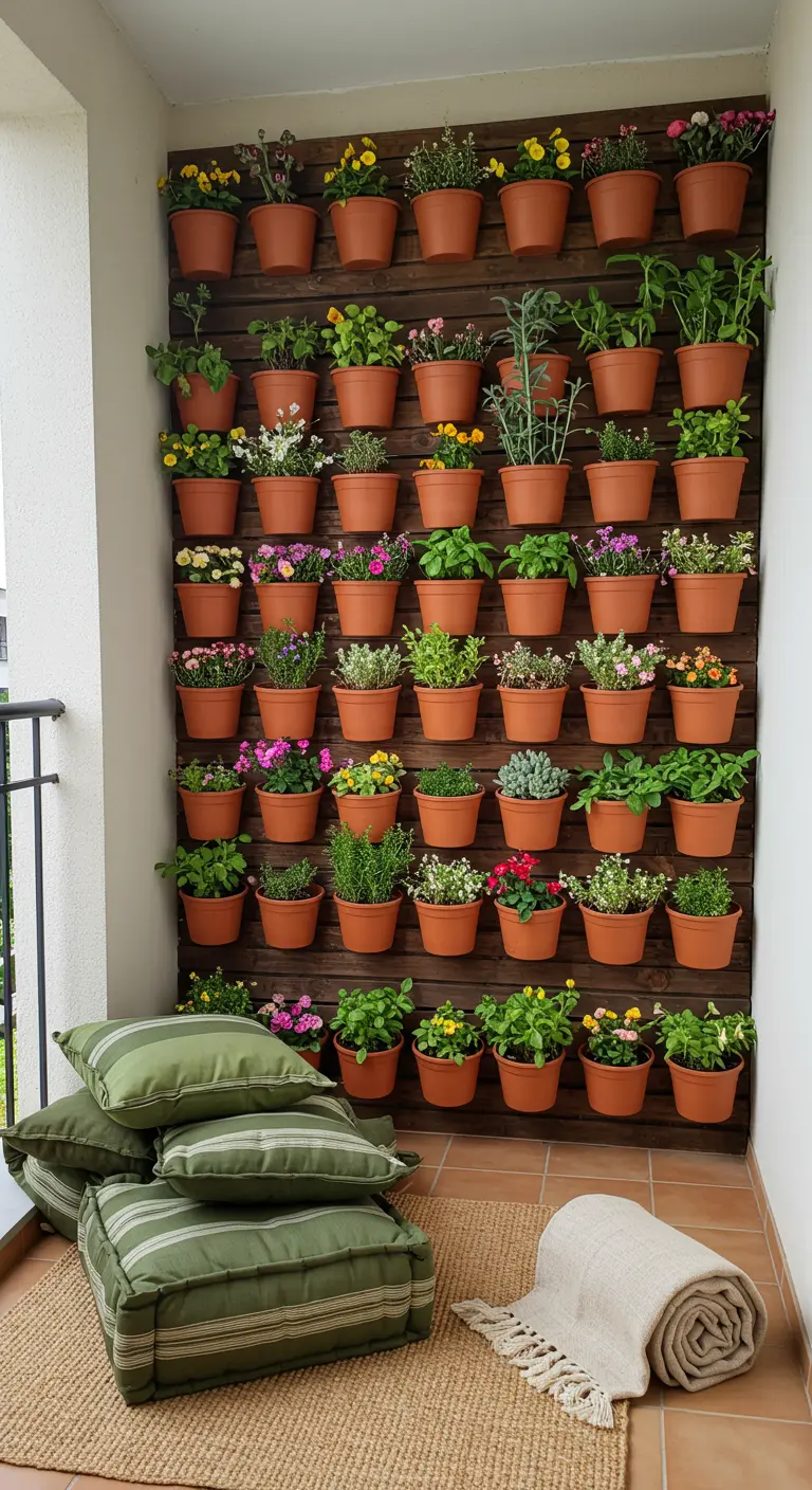 A full wall covered in terracotta pots with colorful flowers, with green cushions on the floor.