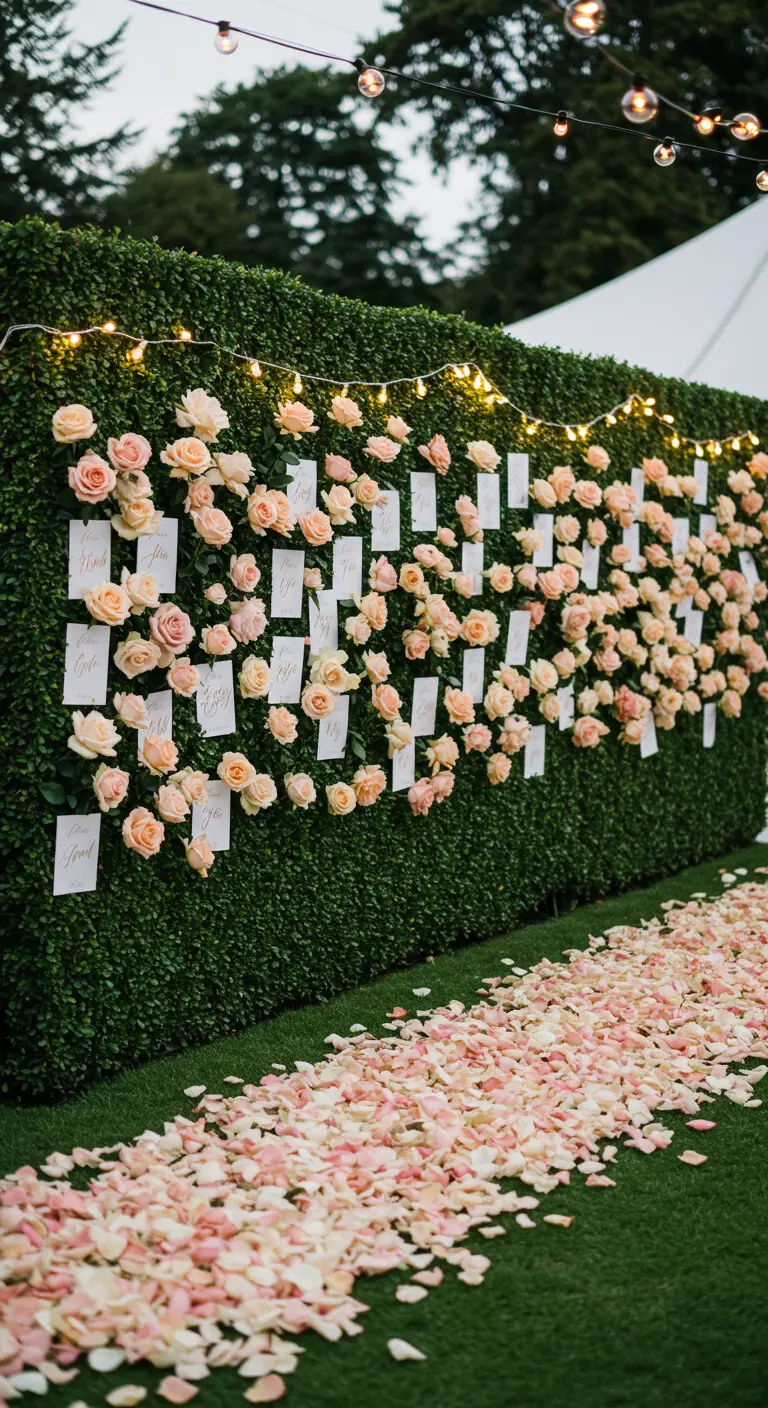 A green hedge wall dotted with fresh roses and escort cards.