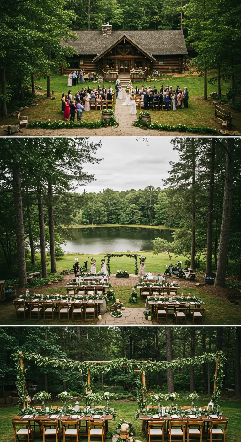A multi-view image of a lakeside lodge wedding with extensive greenery garlands.