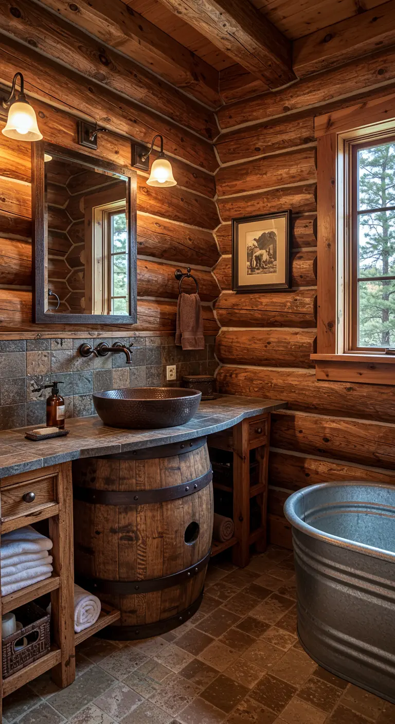 Rustic log cabin bathroom with a vanity made from a wooden barrel and a hammered copper sink.