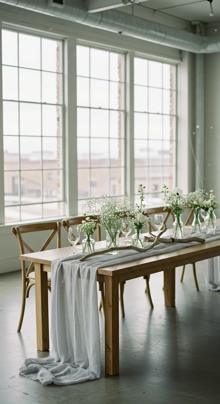 Minimalist wedding table with baby's breath in bud vases and a slim driftwood accent.