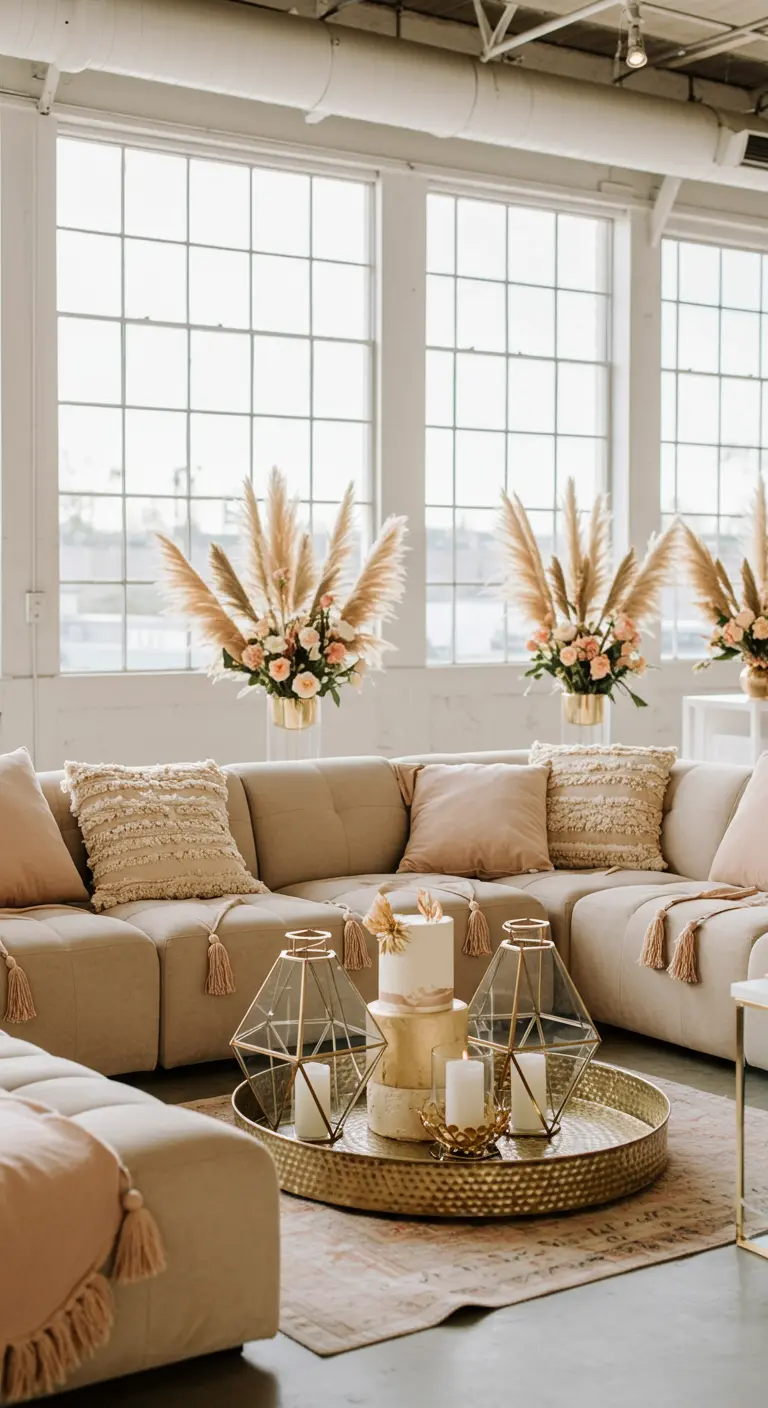 A modern loft living room with a gold tray centerpiece, pampas grass, and tassel pillows.