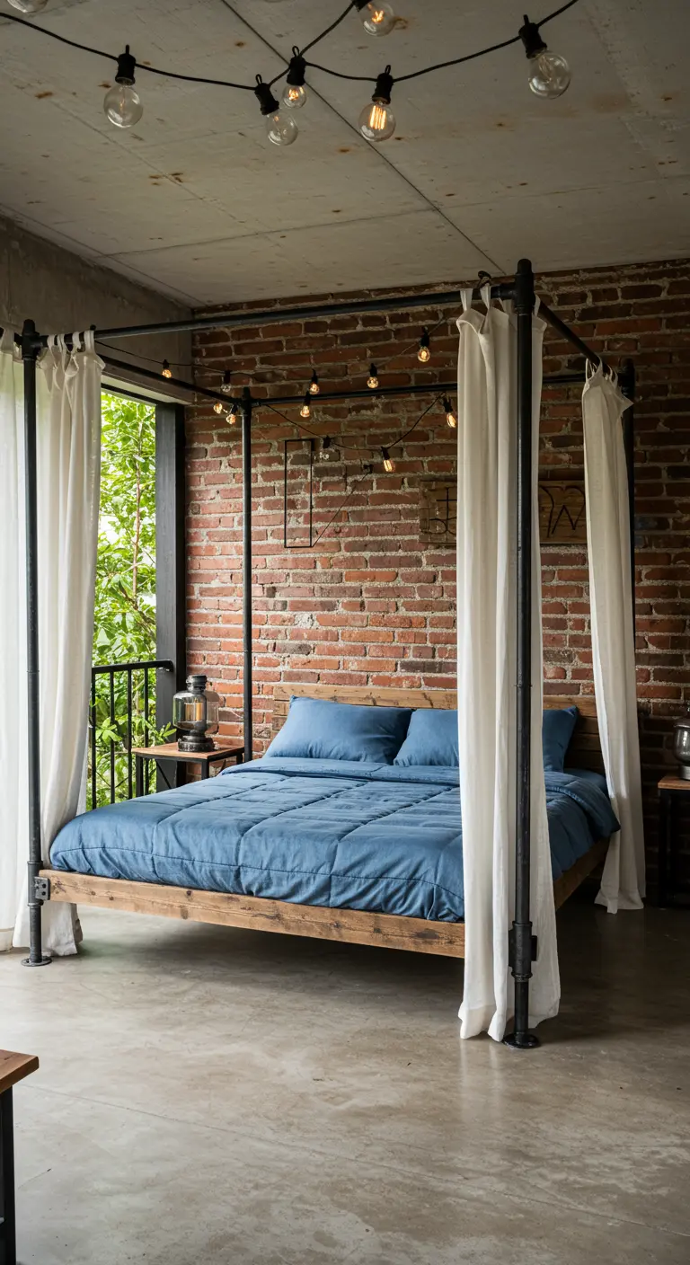 Canopy bed with a pipe frame against a brick wall in an industrial-style patio.