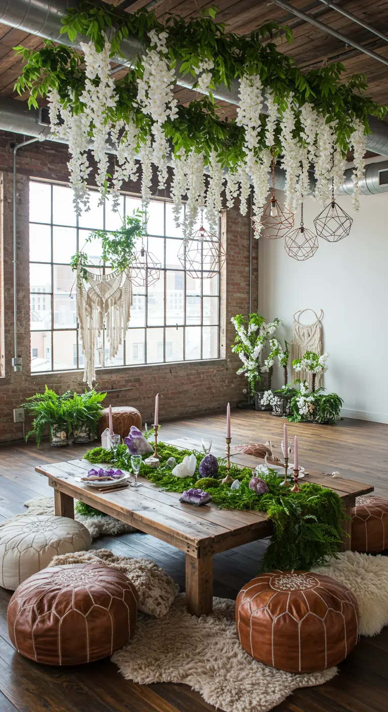 Boho-style loft party with a low table, moss runner, and a large wisteria ceiling installation.