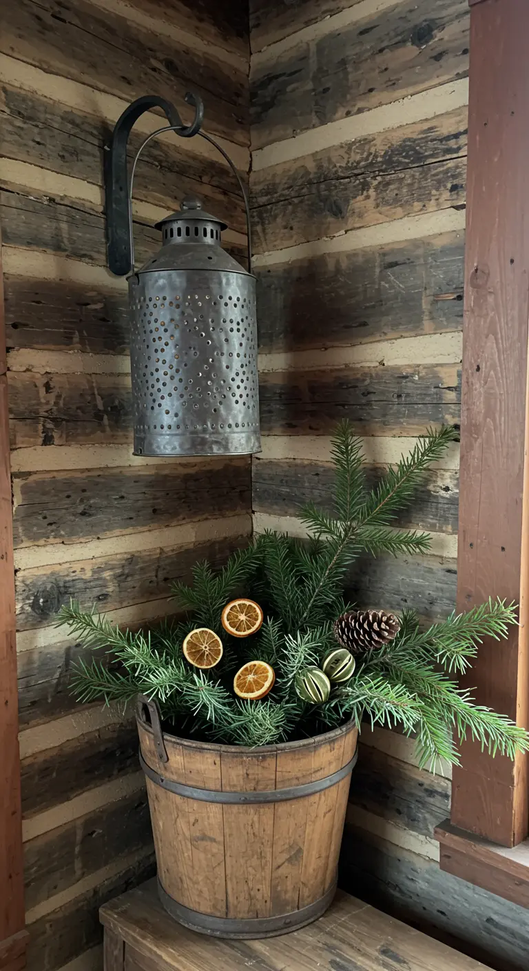 A wooden bucket with pine and dried oranges sits below a hanging tin lantern.