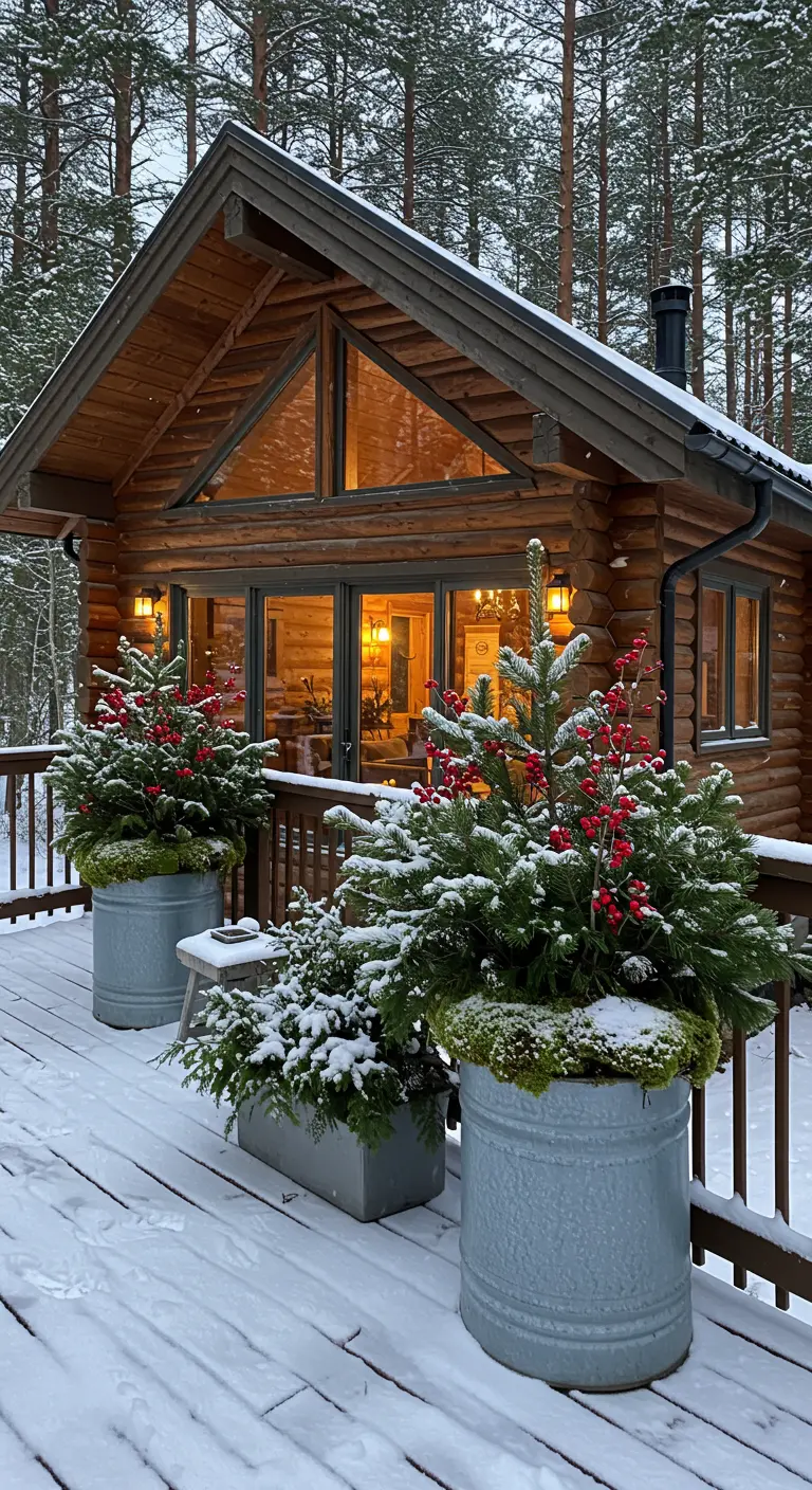 Large galvanized planters on the snowy deck of a log cabin, filled with lush winter arrangements.