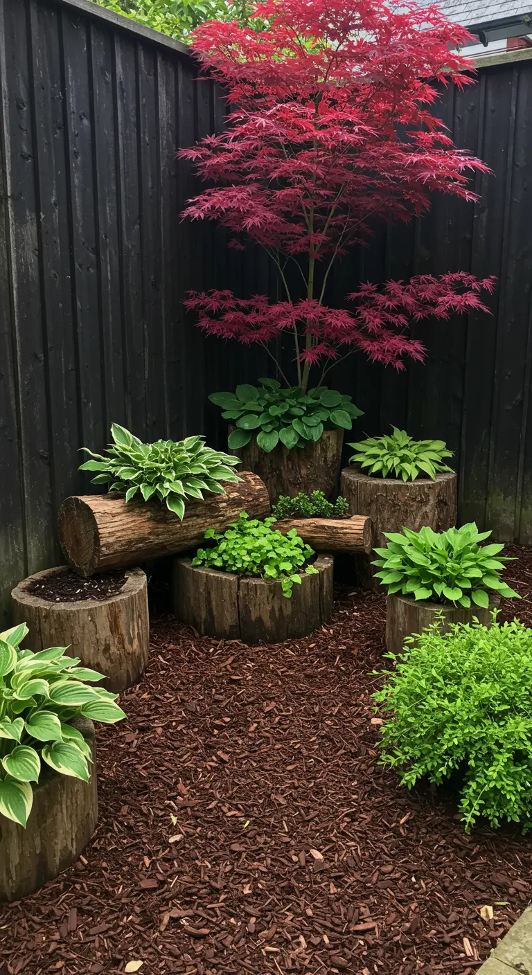 A corner garden with log planters, hostas, and a red Japanese maple against a black fence.