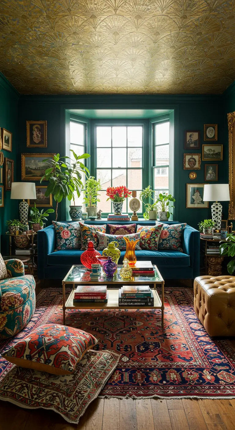 Deep green living room with a gold patterned ceiling, teal velvet sofa, and layered oriental rugs.