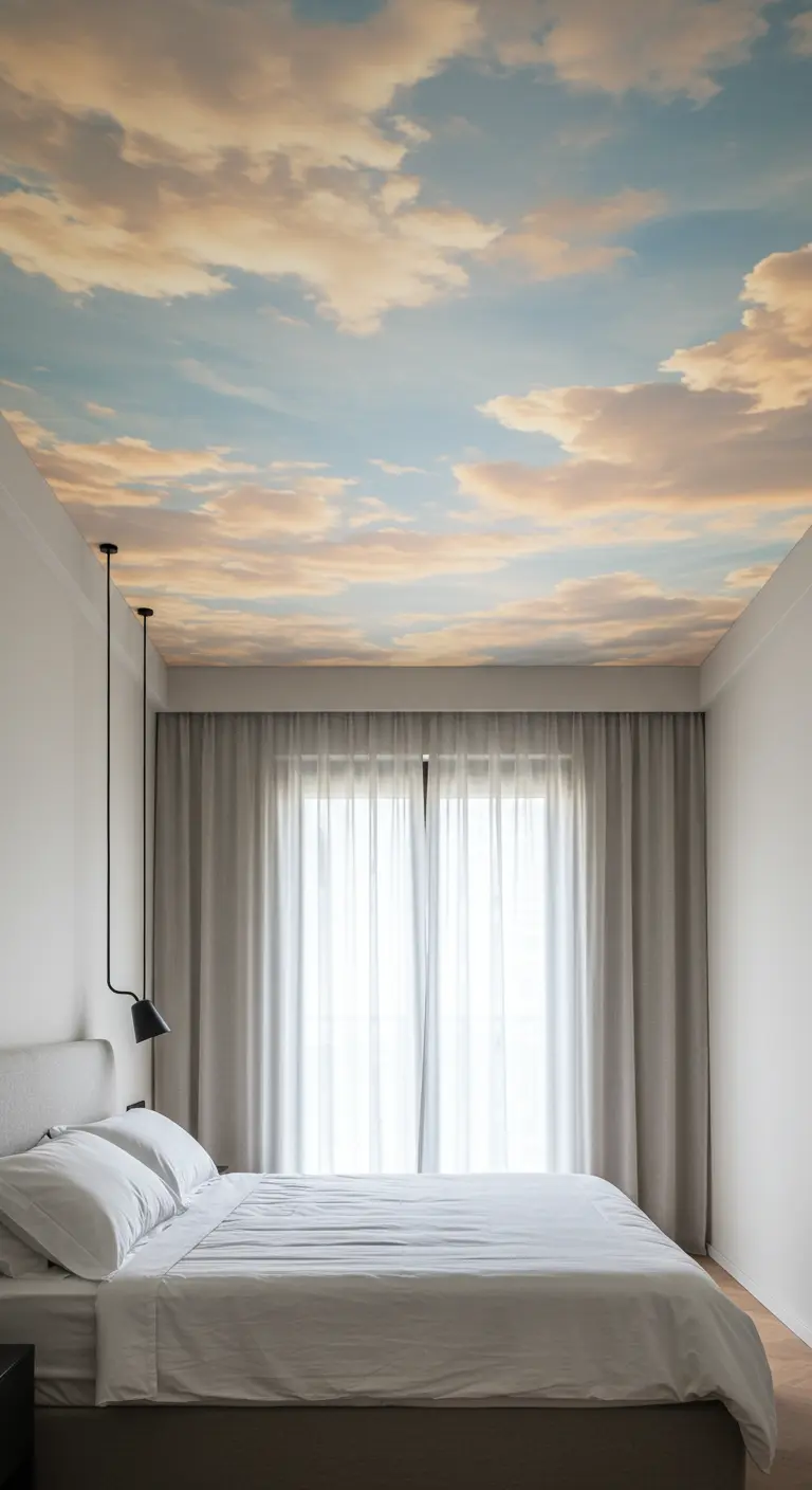 Bedroom with a realistic sky and clouds mural painted on the ceiling.