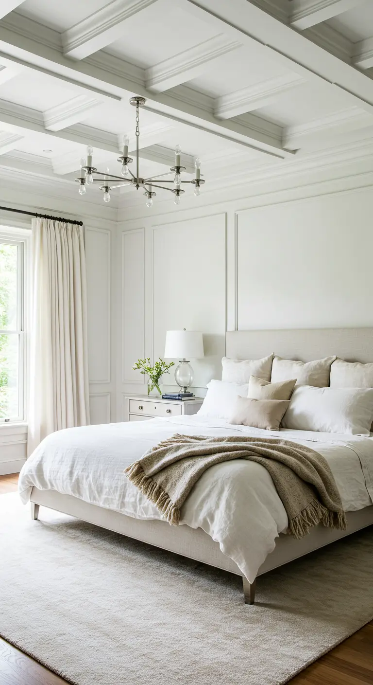 Bright white bedroom with a coffered ceiling and a modern candelabra chandelier.