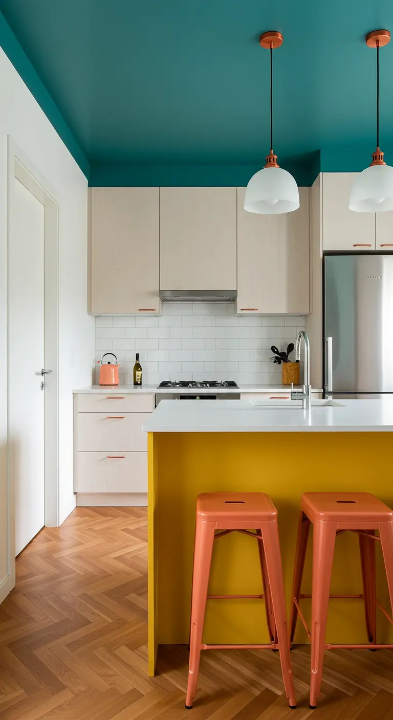 Kitchen with a teal ceiling, a mustard yellow island, and terracotta stools.