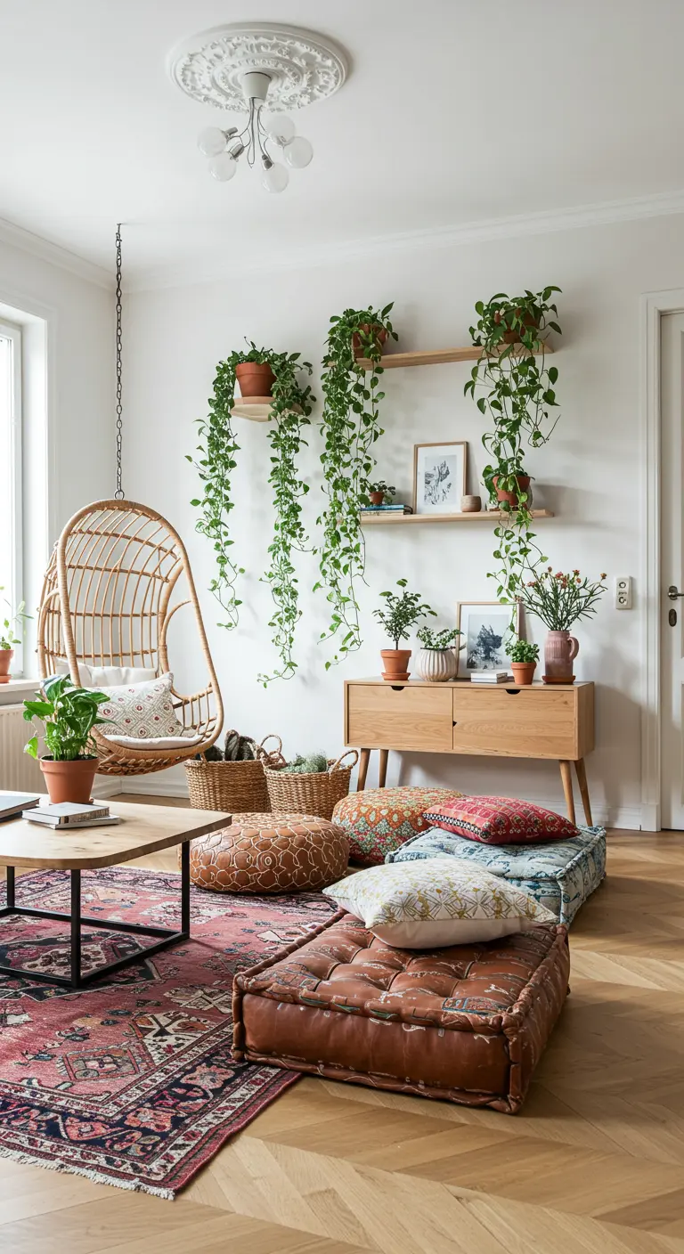 A bohemian living room with a hanging rattan chair, layered rugs, and many trailing plants.