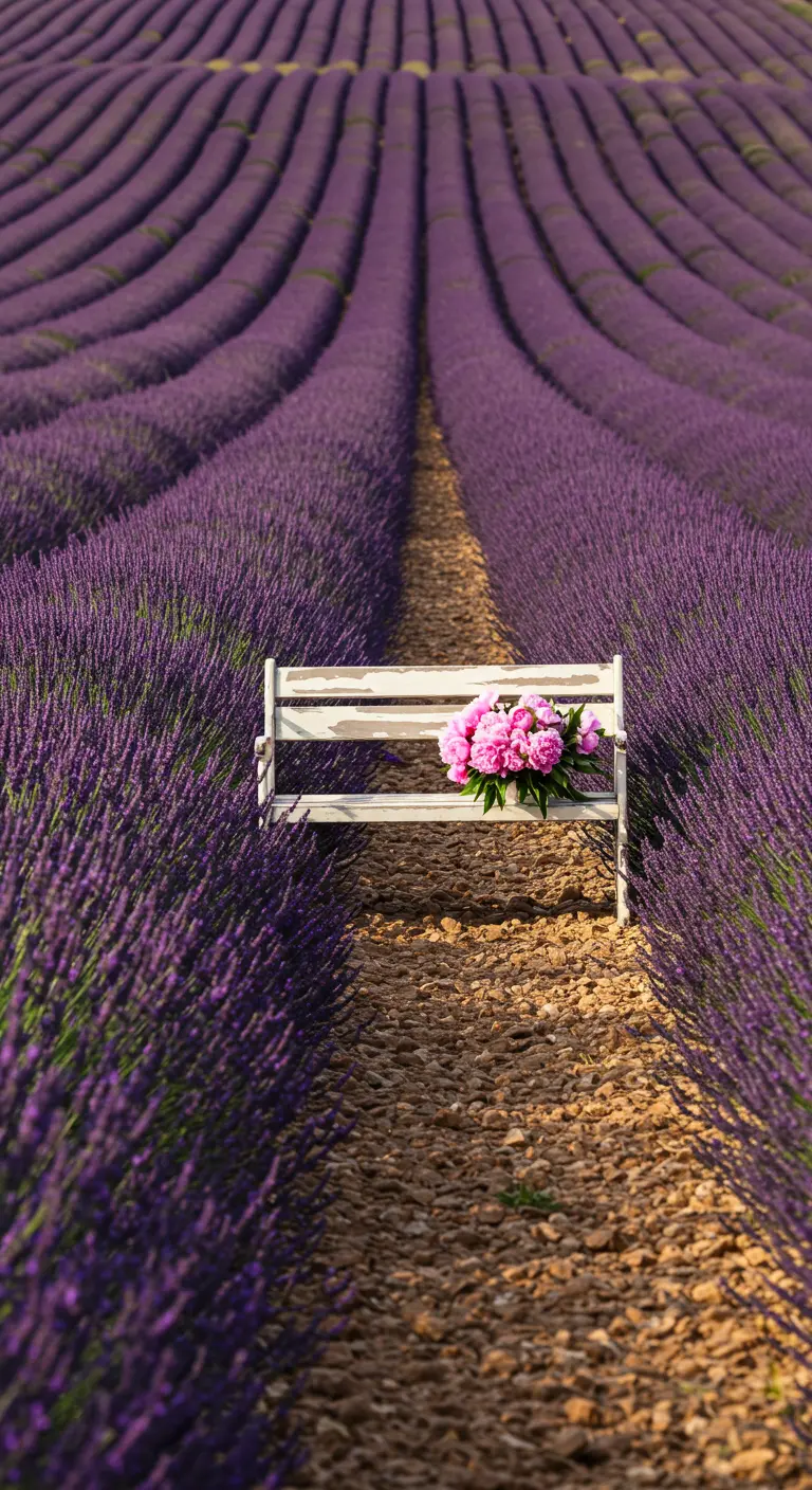 A simple white bench sitting in the middle of a vast lavender field.