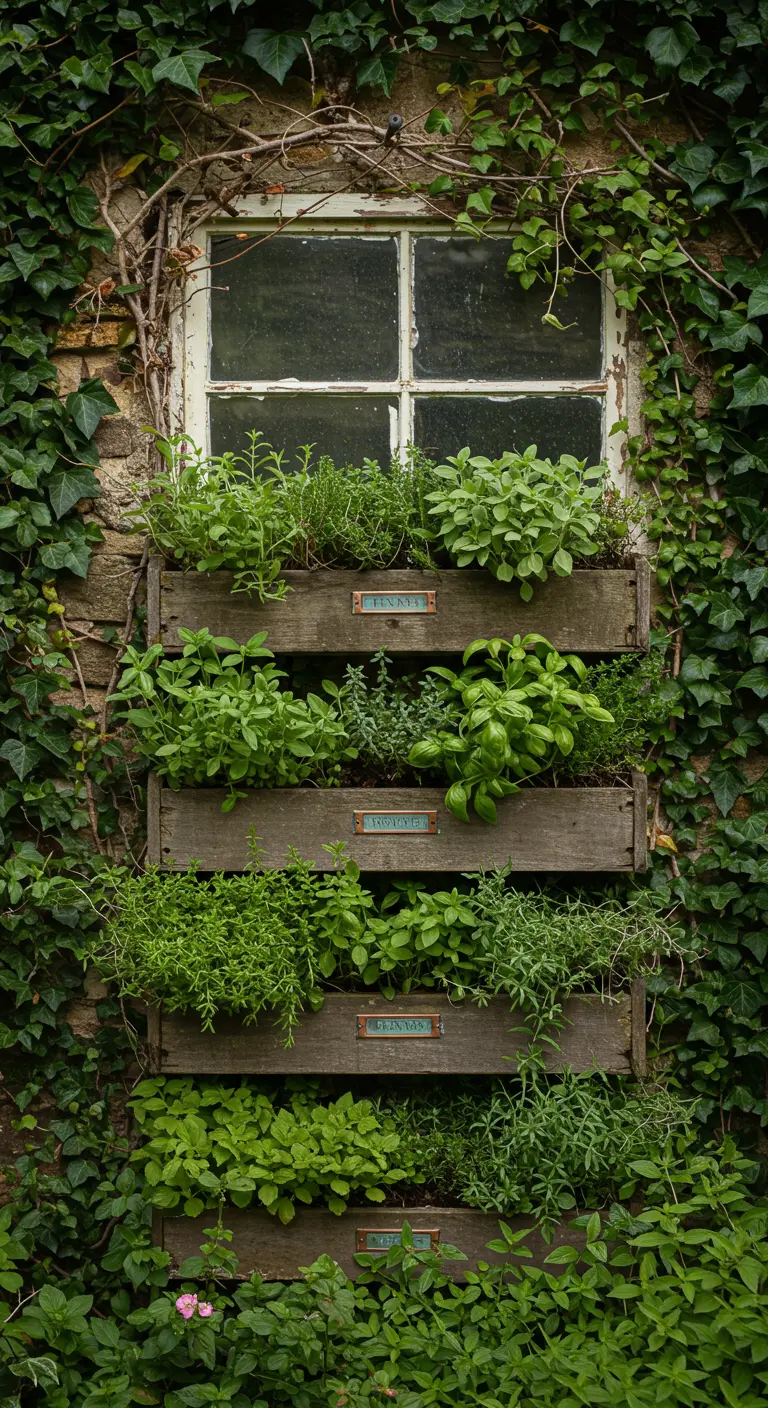 An old window frame herb garden nearly engulfed by a lush wall of green ivy, creating a secret garden look.