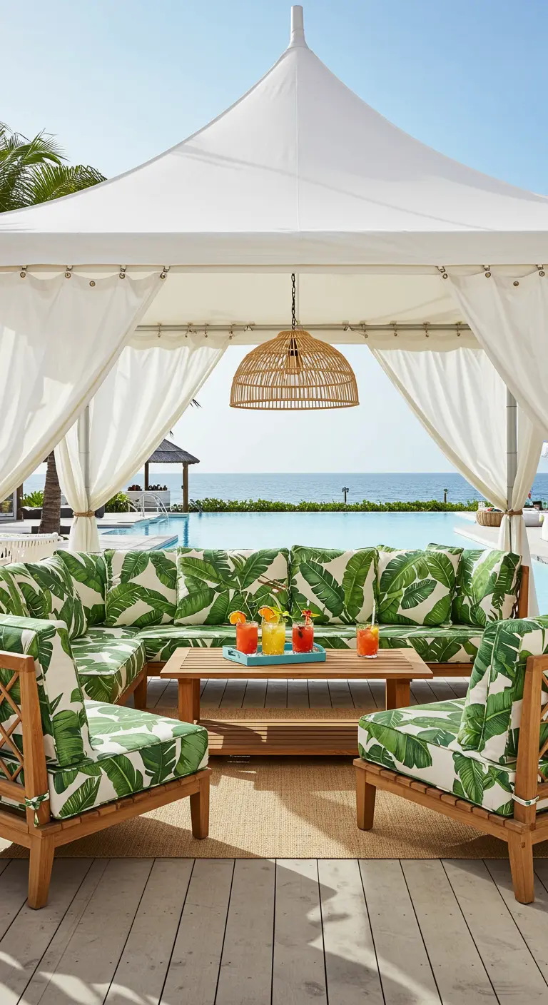 A poolside cabana with seating covered in a bold green banana leaf print.
