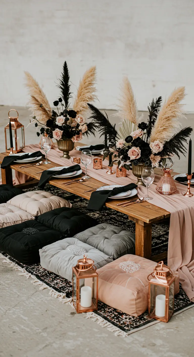 A low picnic table with floor cushions, pampas grass, and blush and black decor.