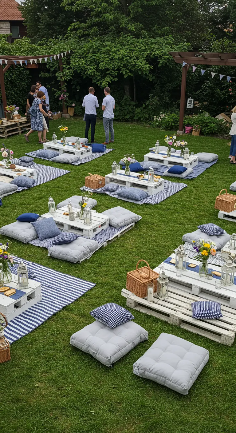 Backyard picnic setup with white pallet tables, blue cushions, and striped rugs on the grass.