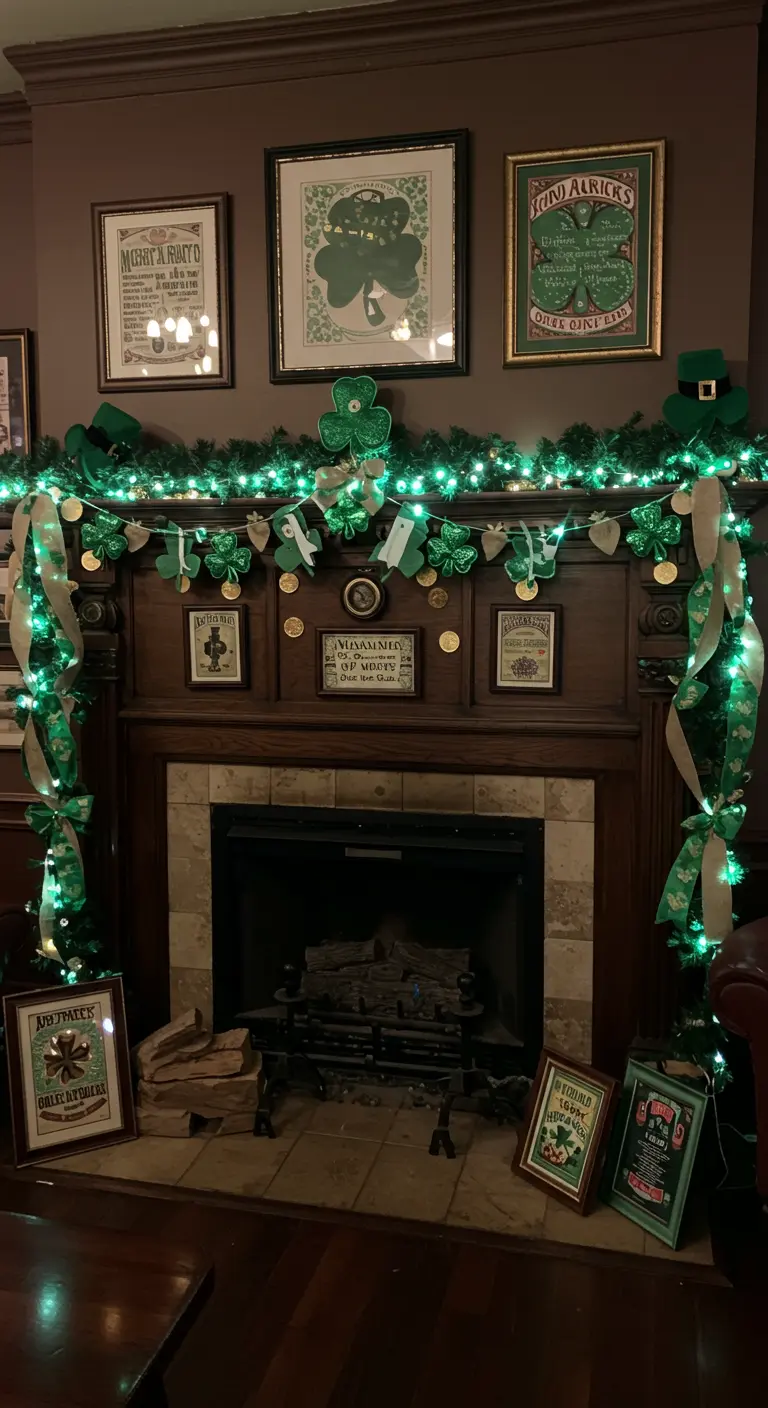 St. Patrick's Day mantel with a green-lit garland, shamrocks, and Irish art.