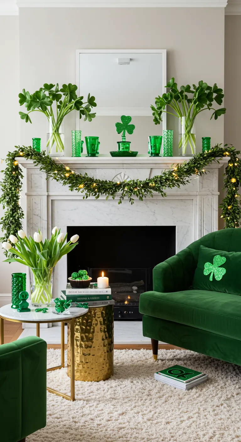 St. Patrick's Day mantel with fresh shamrocks, a boxwood garland, and green glassware.