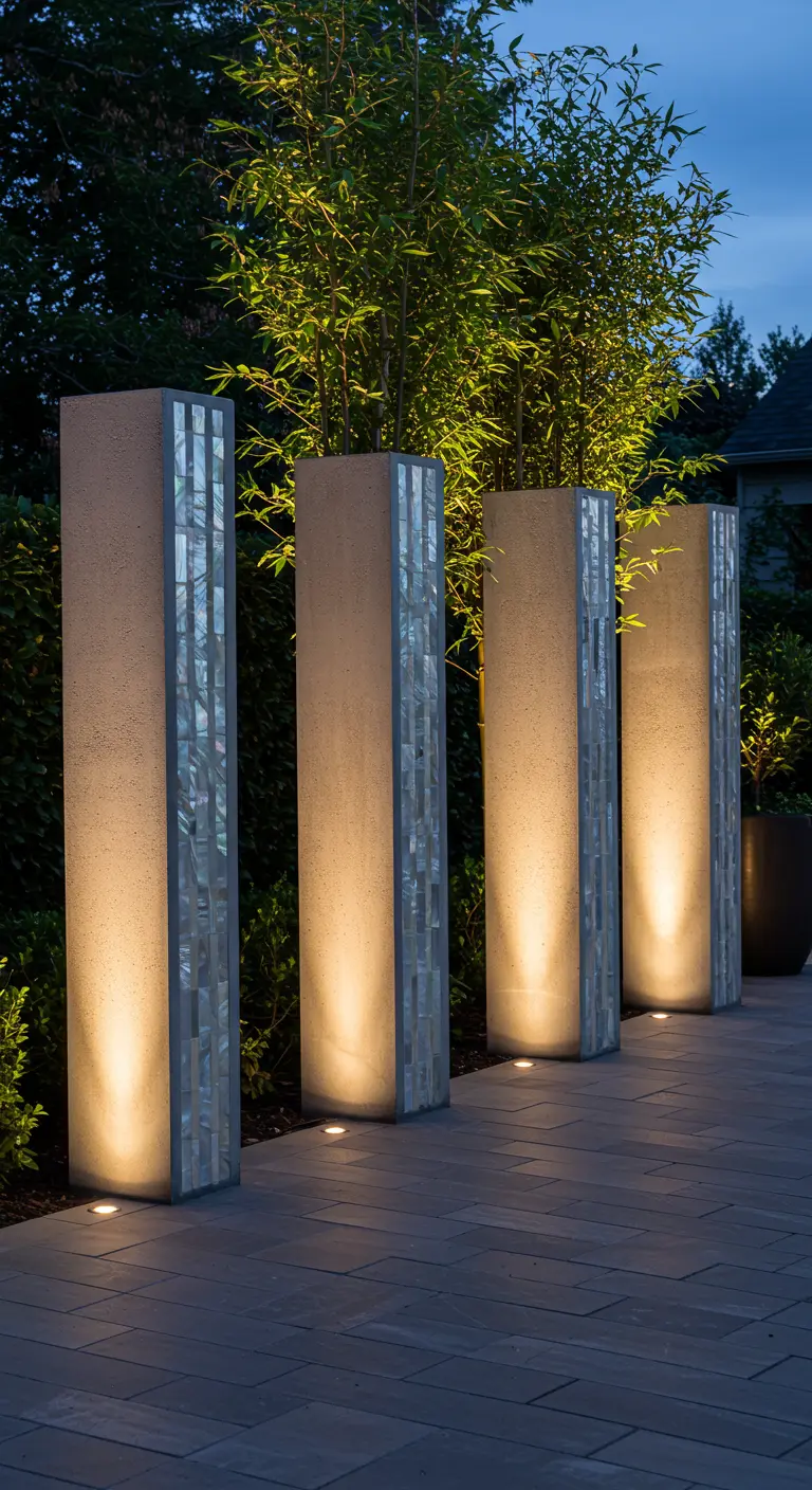 Tall, illuminated concrete planters with pearlescent tile stripes stand in a row at night.