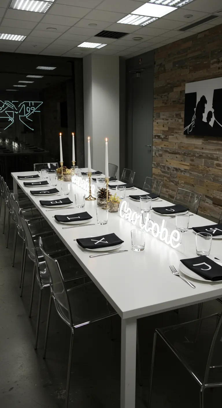 Modern white table with glowing letters and clear acrylic chairs.