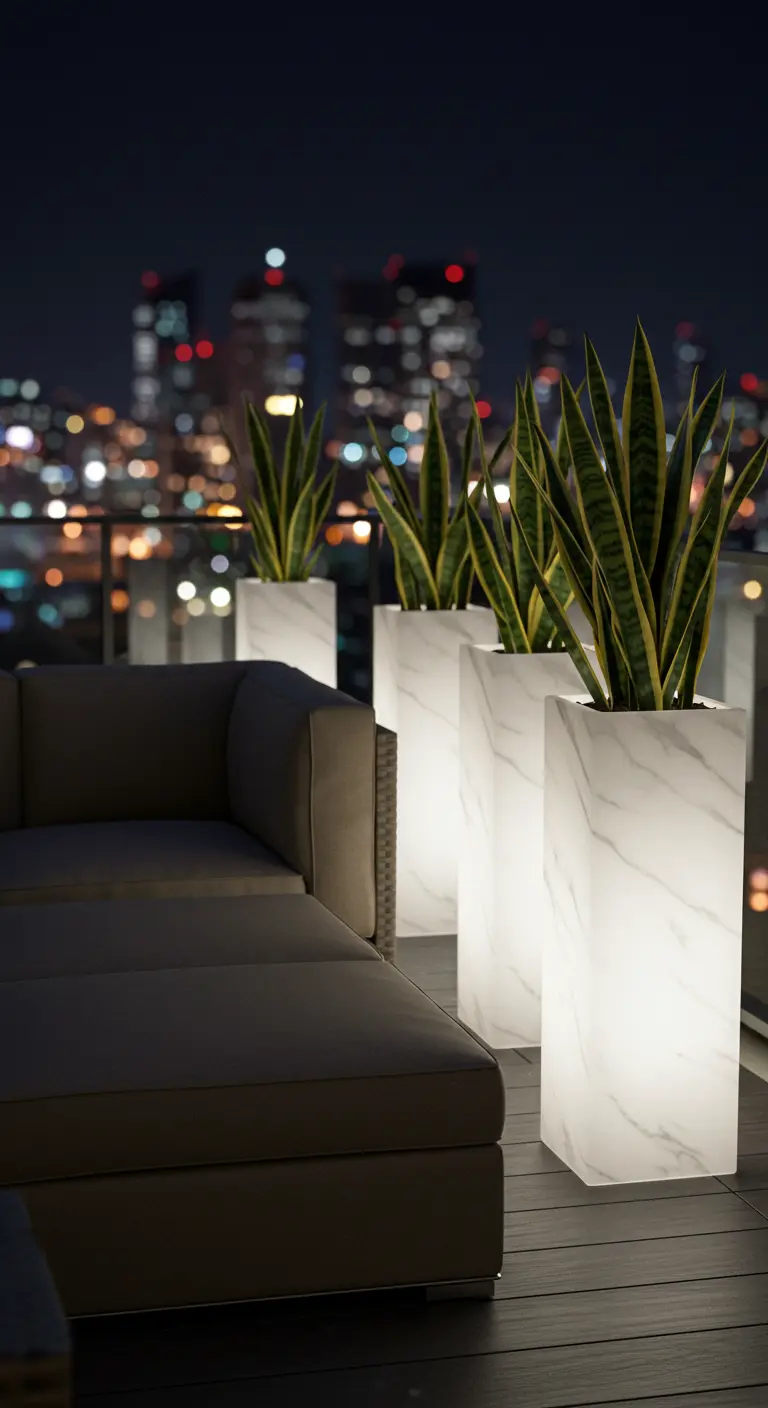 Illuminated white planters with snake plants glowing on a balcony at night.