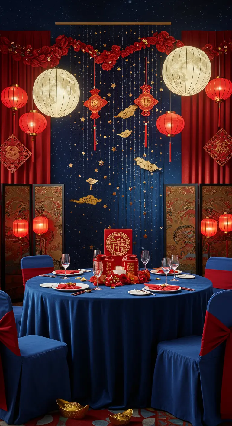 Lunar New Year party table with moon-like paper lanterns and red accents.