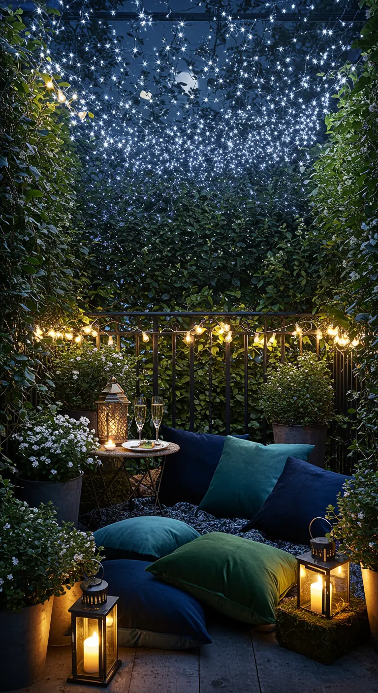 Balcony covered in lush green vines with fairy lights, lanterns, and dark cushions.