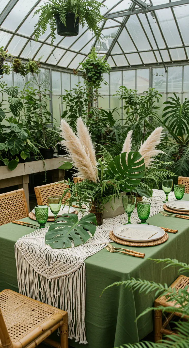 Greenhouse table setting with a green tablecloth, macramé runner, and tropical foliage.