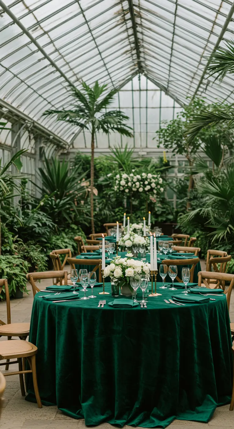 Wedding reception in a greenhouse with emerald green velvet tablecloths and white taper candles.