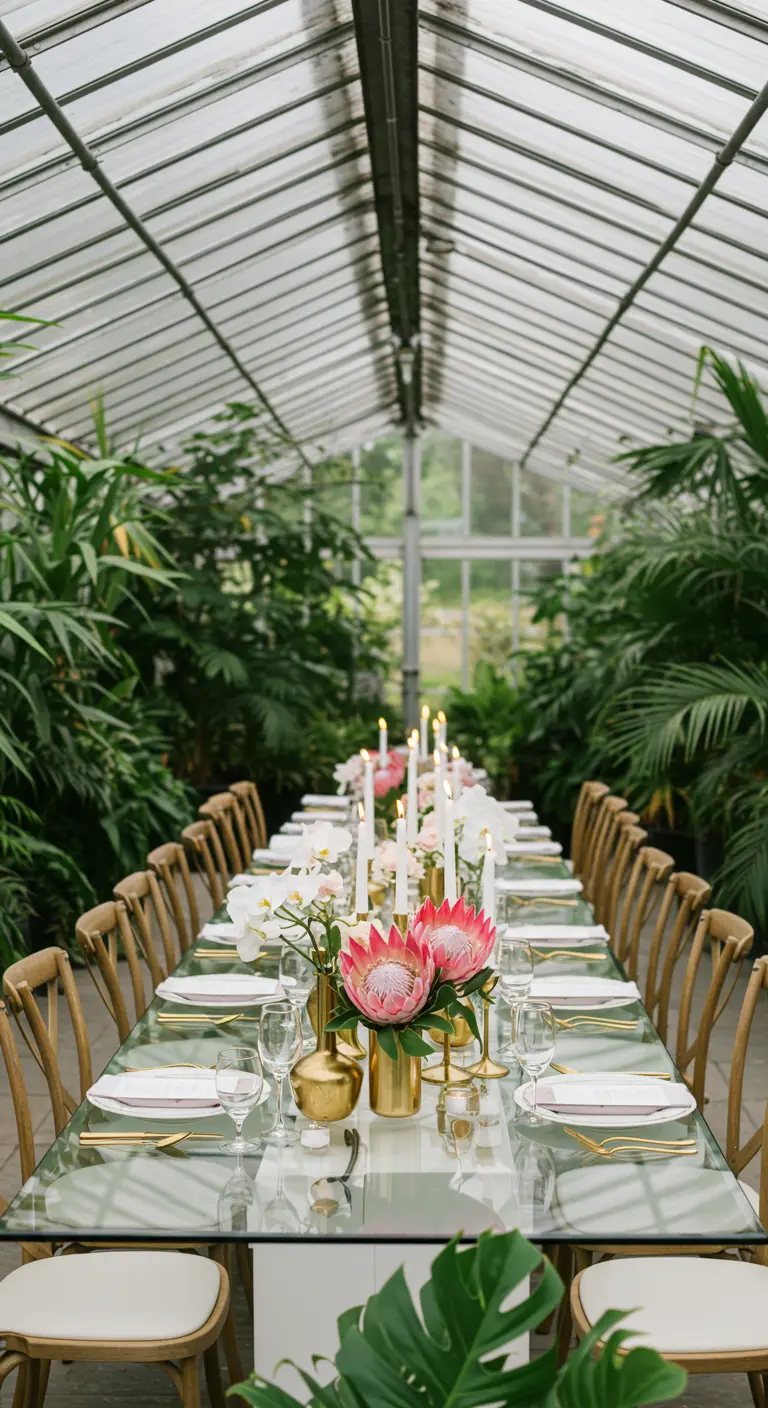 Long glass dining table in a lush greenhouse with tropical flowers and gold vases.