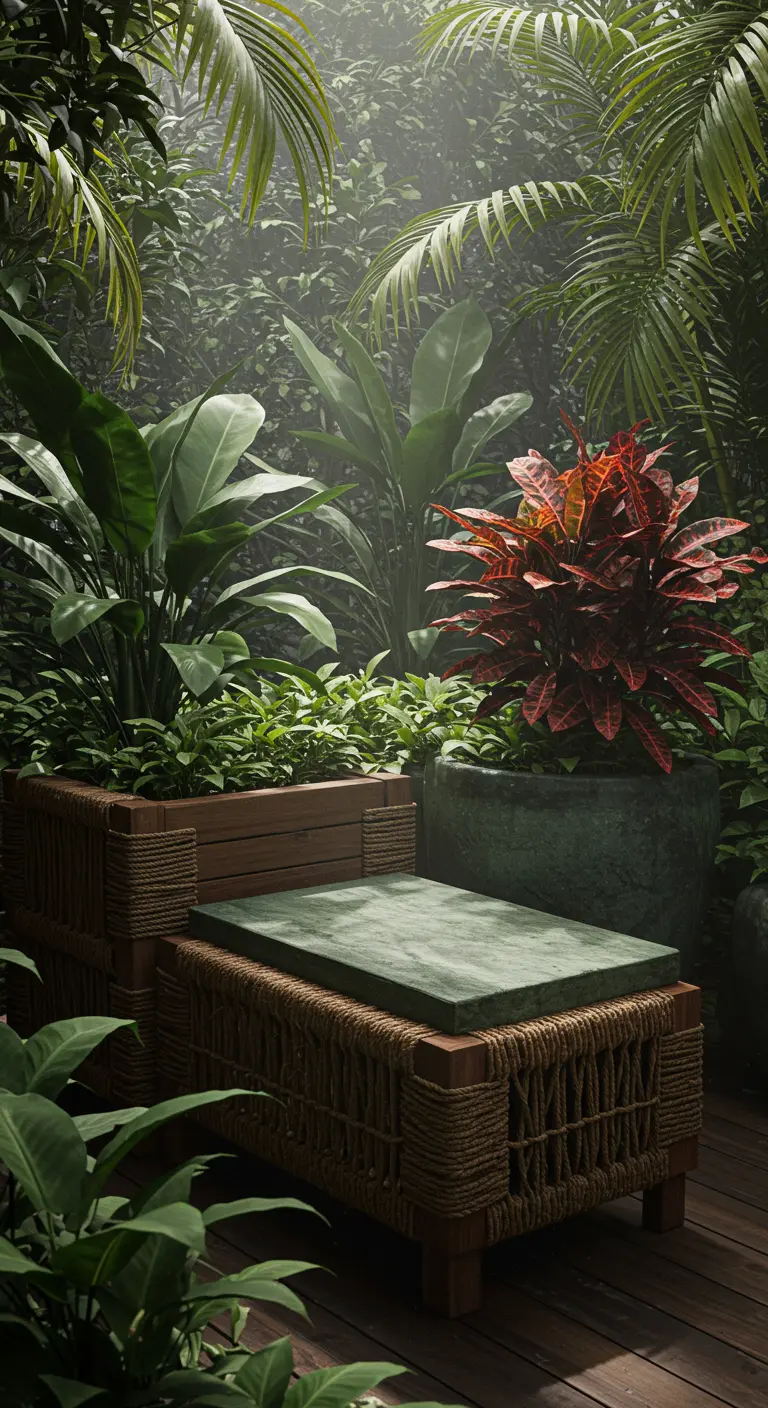 A rope-wrapped bench with a green marble seat nestled among lush, tropical plants.