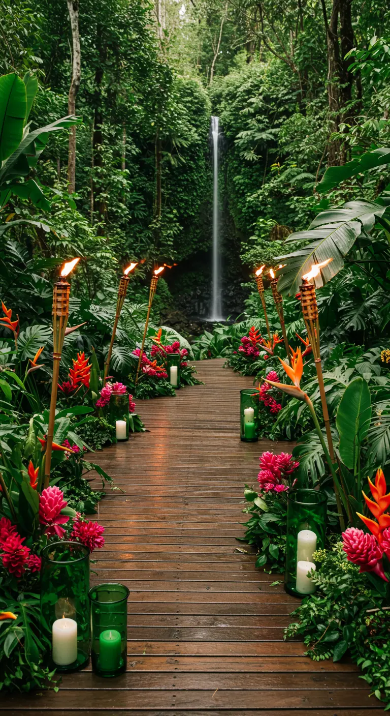 A jungle boardwalk lined with tiki torches and tropical flowers.