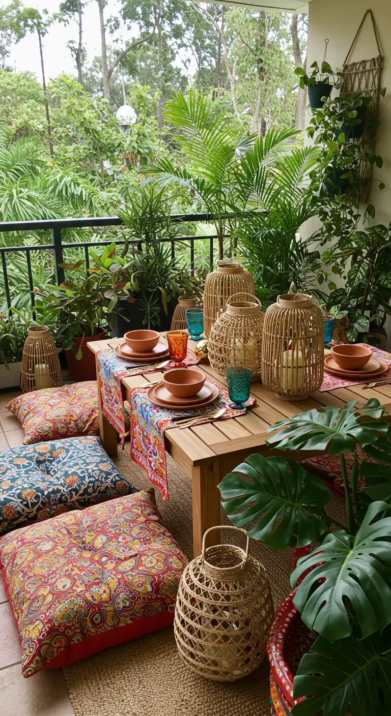 Low dining table on a balcony with floor cushions and surrounded by lush plants.