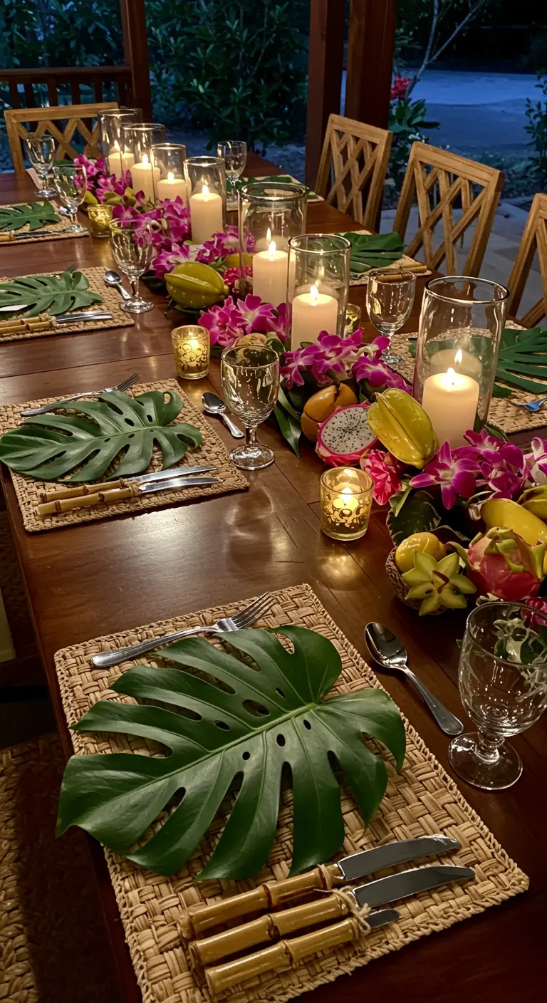 Elegant tropical table setting with monstera leaves as placemats and candles.