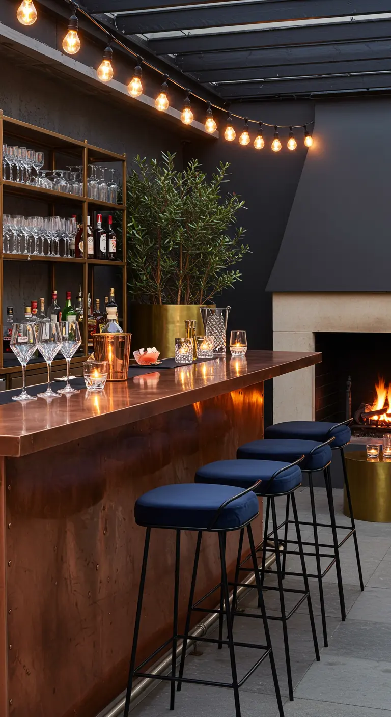 Elegant outdoor bar with a copper front, dark walls, and navy velvet stools.