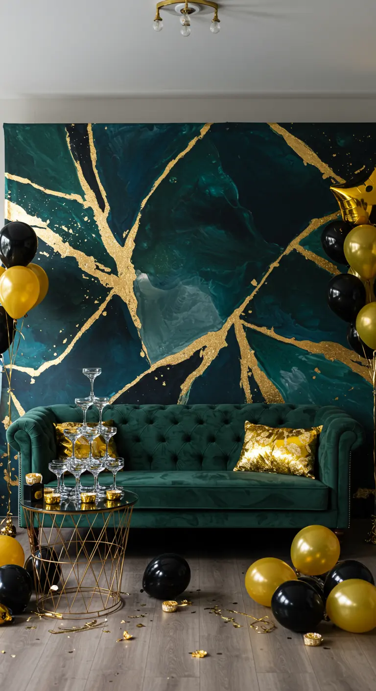 A backdrop with a dark green and gold marble effect, in front of a green velvet sofa and champagne tower.
