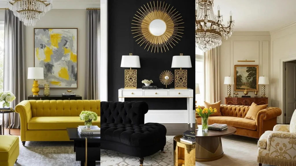 Glamorous Hollywood Regency living rooms featuring plush tufted sofas and chic lacquered consoles for luxurious decor.