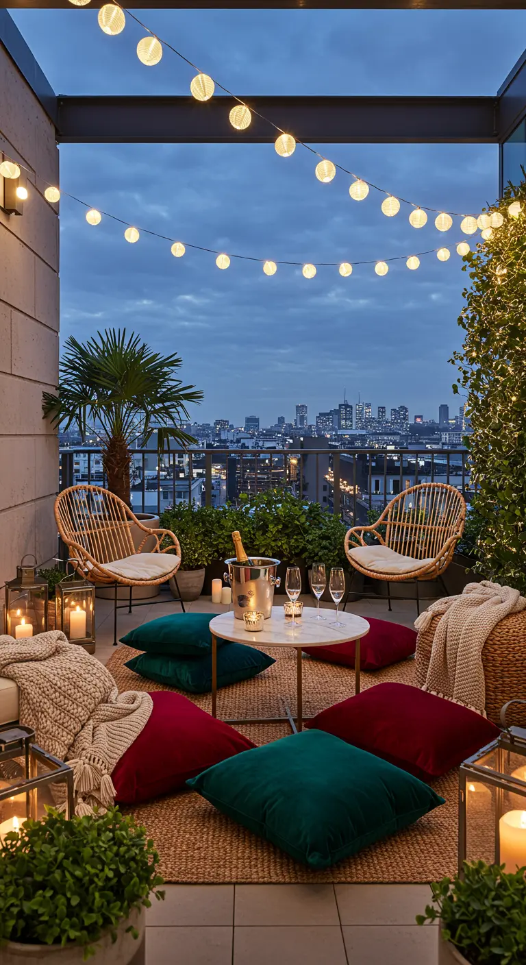 Balcony with velvet floor pillows, rattan chairs, string lights, and a marble side table.