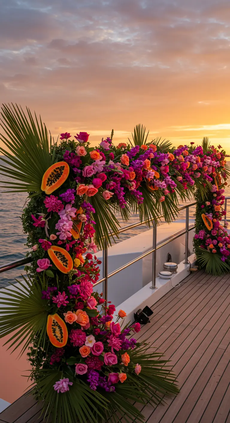 A floral arch on a yacht deck decorated with pink and orange flowers and sliced papayas.