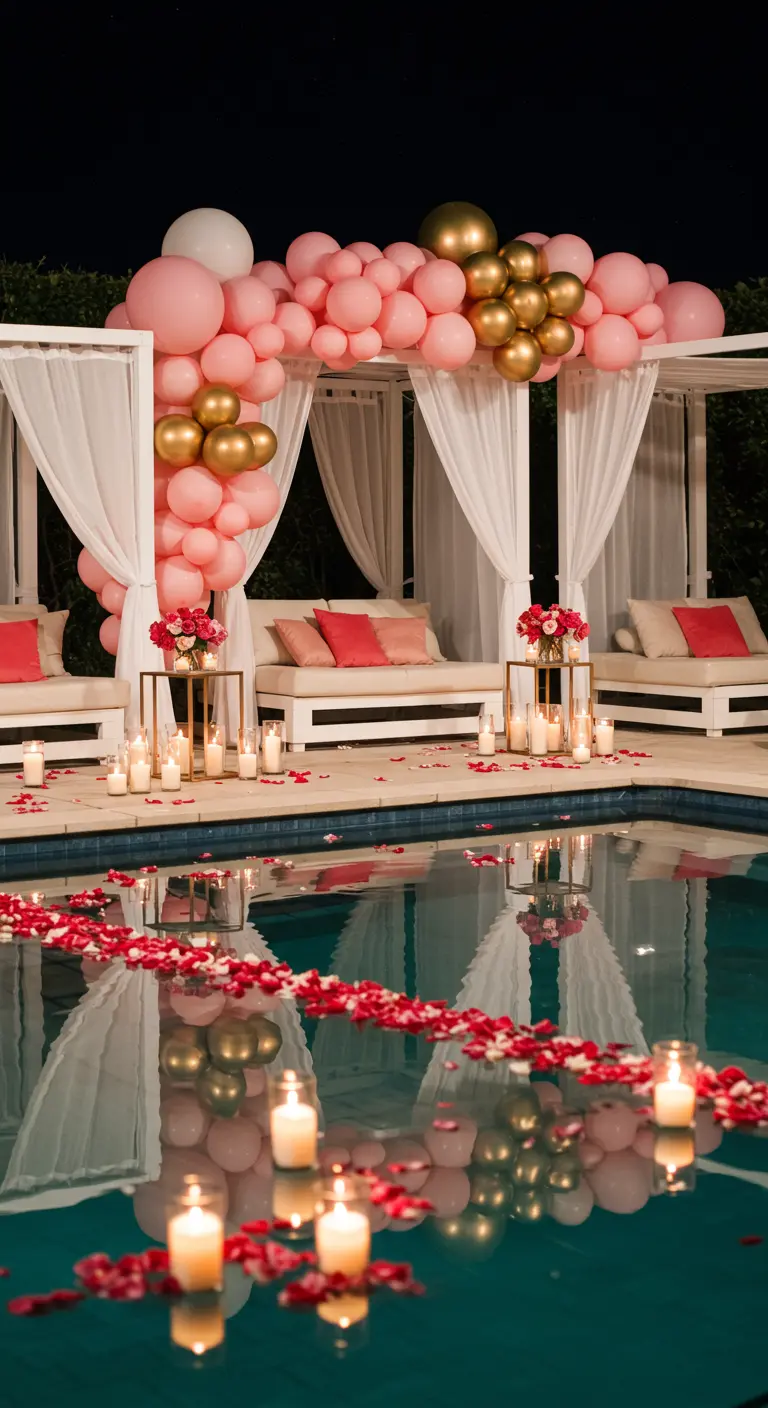 A poolside cabana draped in white fabric with a pink and gold balloon garland.