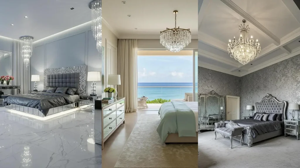 Three glamorous luxe bedrooms with sparkling crystal chandeliers, mirrored furniture, and soft silk bedding.