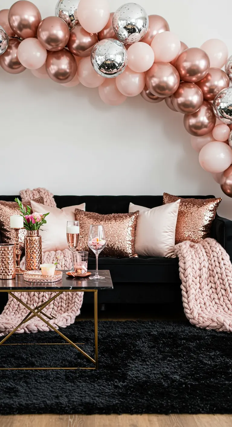 A black sofa adorned with rose gold sequin pillows and a cozy pink chunky knit throw.