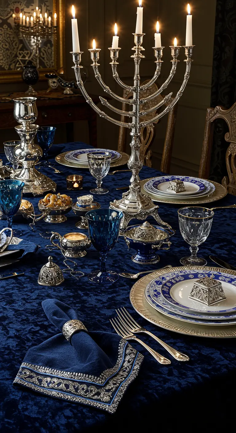 A luxurious Hanukkah table with a navy velvet tablecloth, embroidered napkins, and ornate silverware.