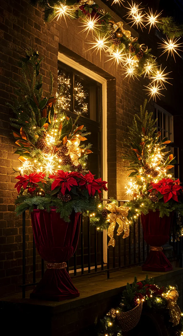 Two large urns wrapped in red velvet and filled with poinsettias, lit by dramatic starburst lights.
