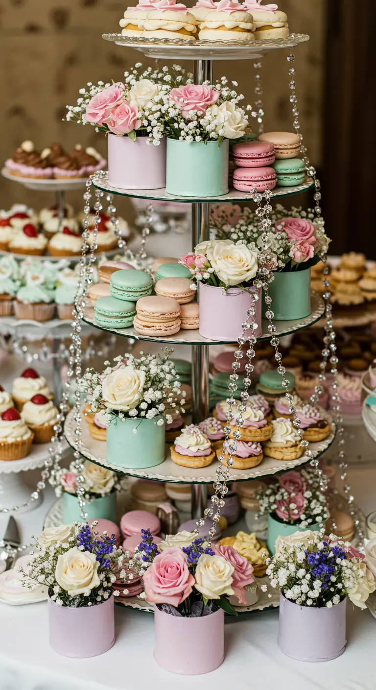 Tiered dessert stand with macarons and small pastel hatboxes filled with flowers.