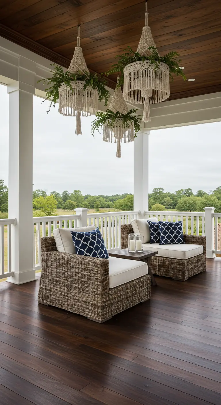 Large macramé chandeliers filled with ferns hanging over wicker armchairs on a porch.
