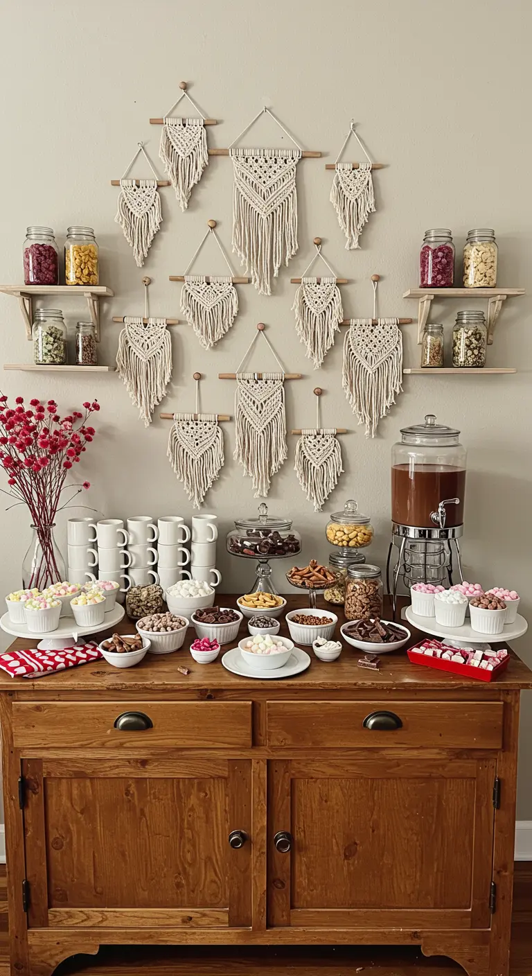 A hot chocolate bar with a backdrop of many small macramé hangings and jars of toppings.