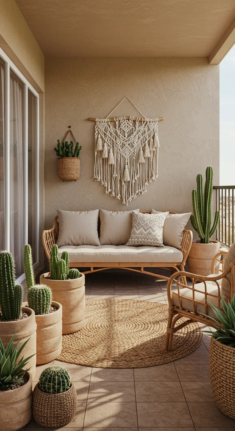 A bohemian-style balcony with a large macramé wall hanging, rattan furniture, and cacti.